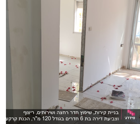 ריצוף חדש עם אריחים וכלי עבודה על הרצפה